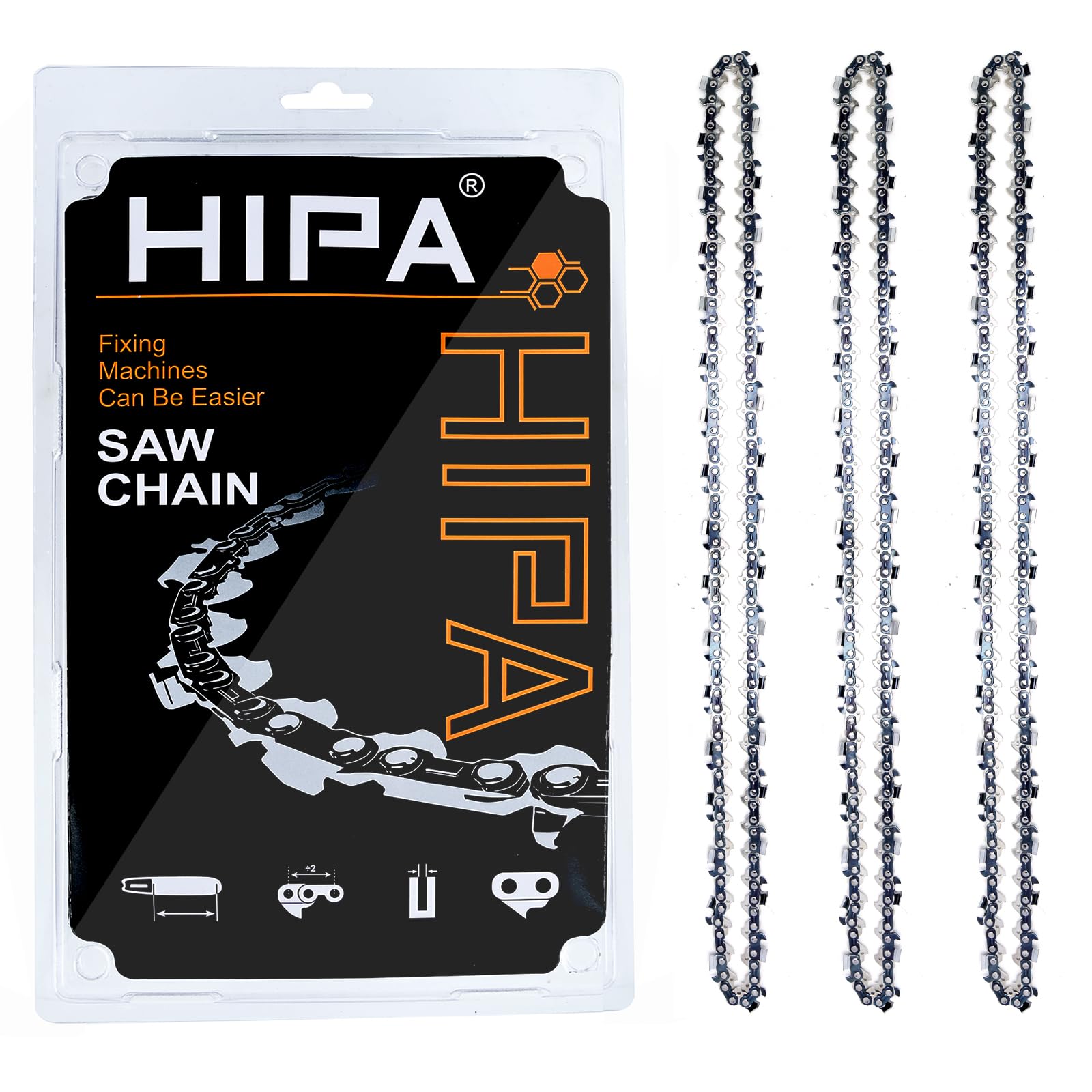 Hipa front packaging showing three 20-inch chains and included specs for quick replacement