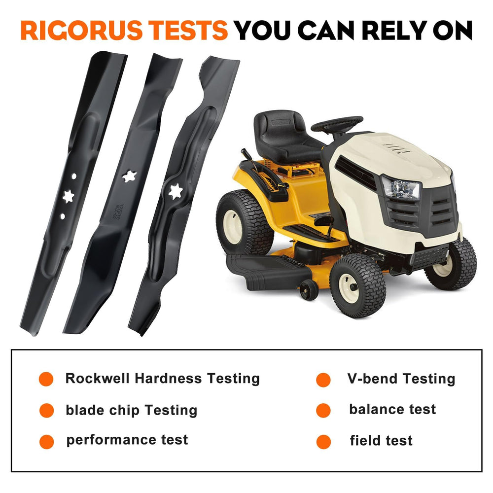 Hipa blades on a Cub Cadet lawn tractor in use showing cleaner bagging performance