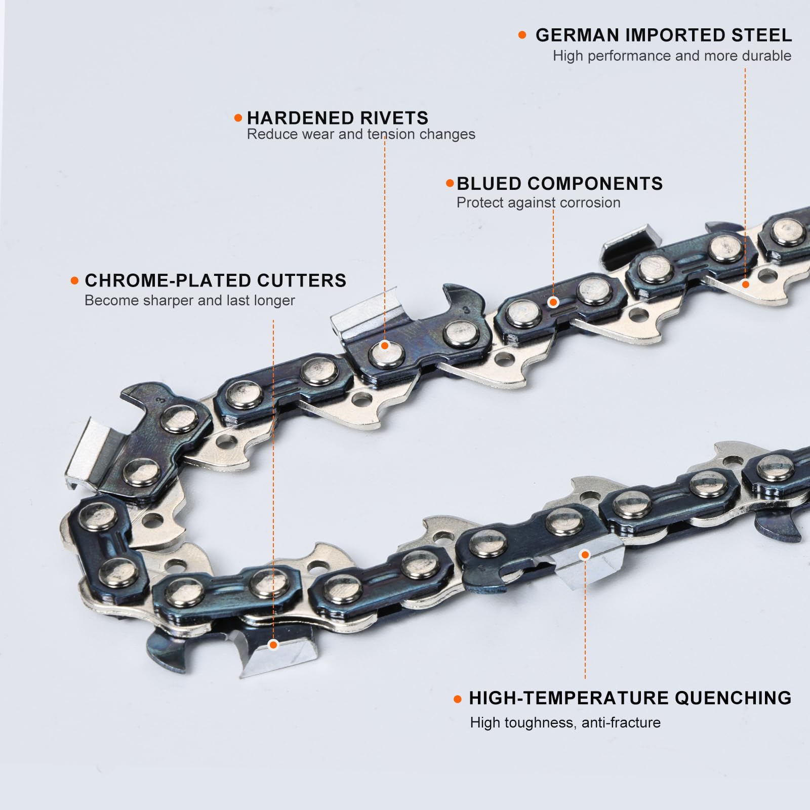 Hipa detailed view of drive links and pitch confirming 3/8" pitch and .050" gauge accuracy