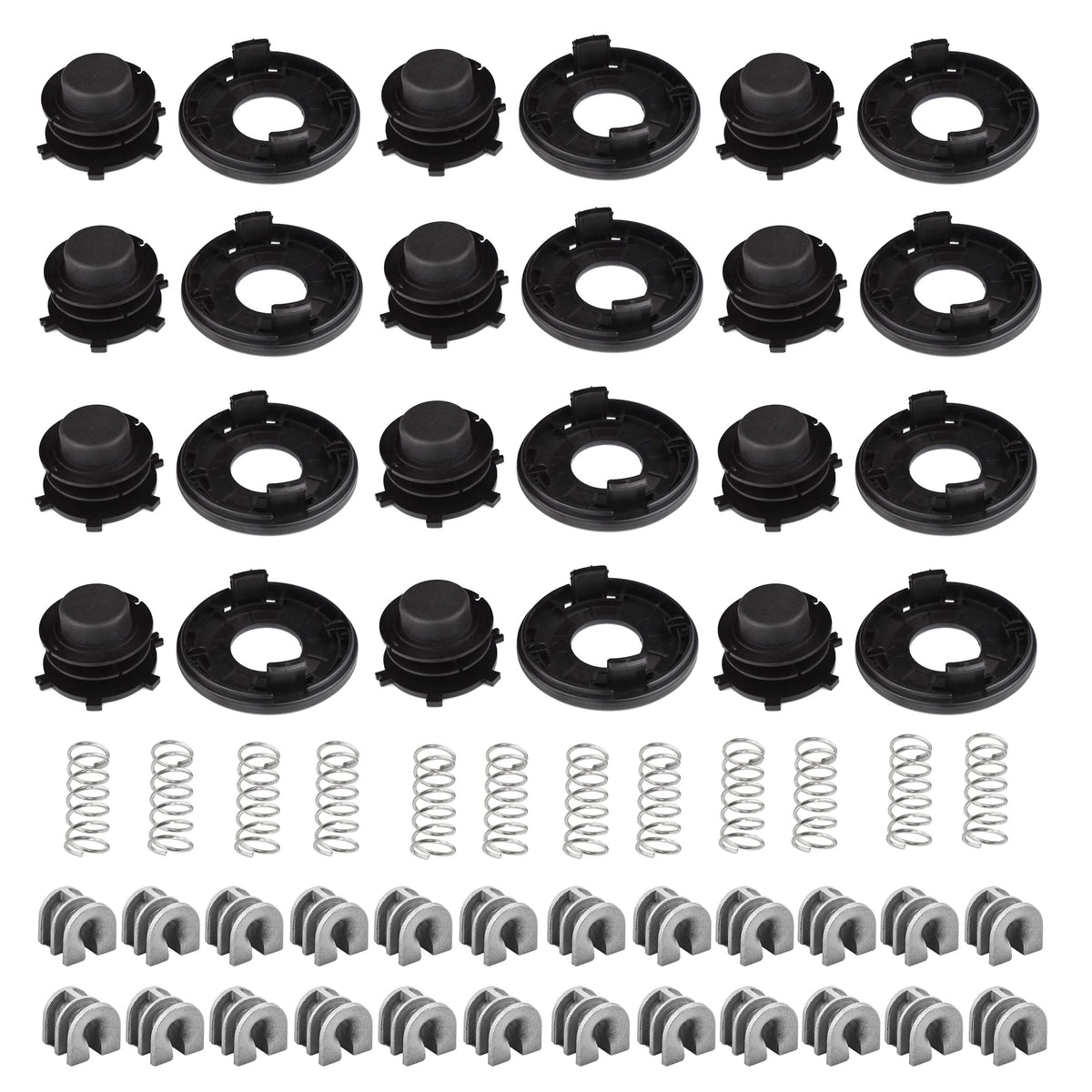 Hippotech front view of the full 12-piece replacement kit showing caps and spools for quick repairs