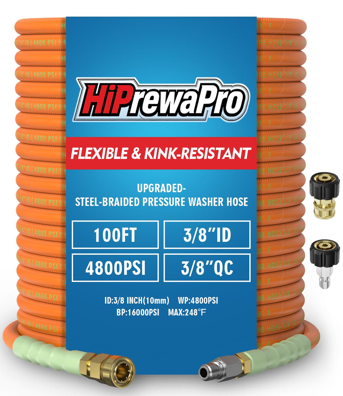 HiPrewaPro coiled 100 ft hose front view showing full kit benefit