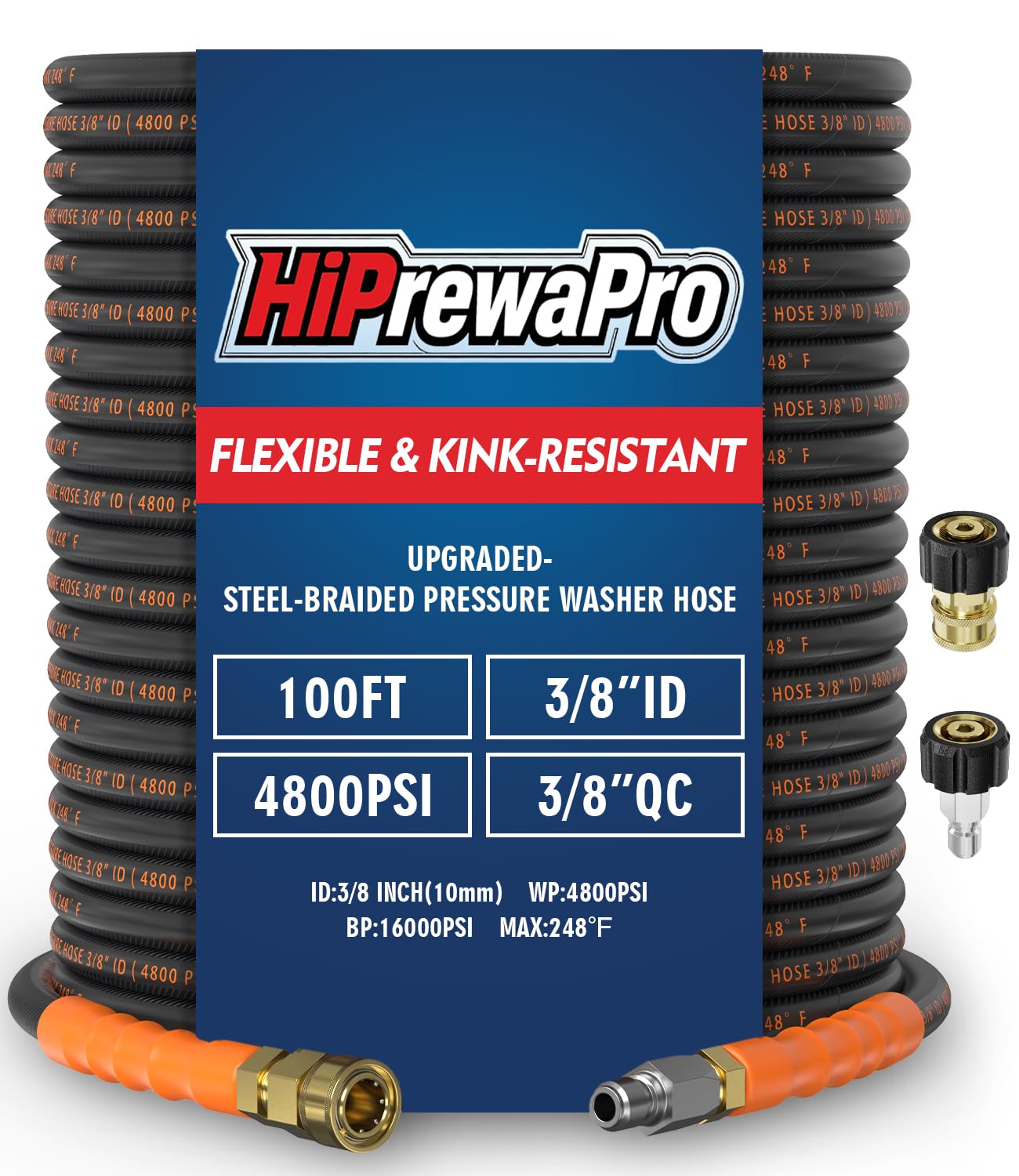 HiPrewaPro coiled 100 ft hose showing compact storage and easy handling