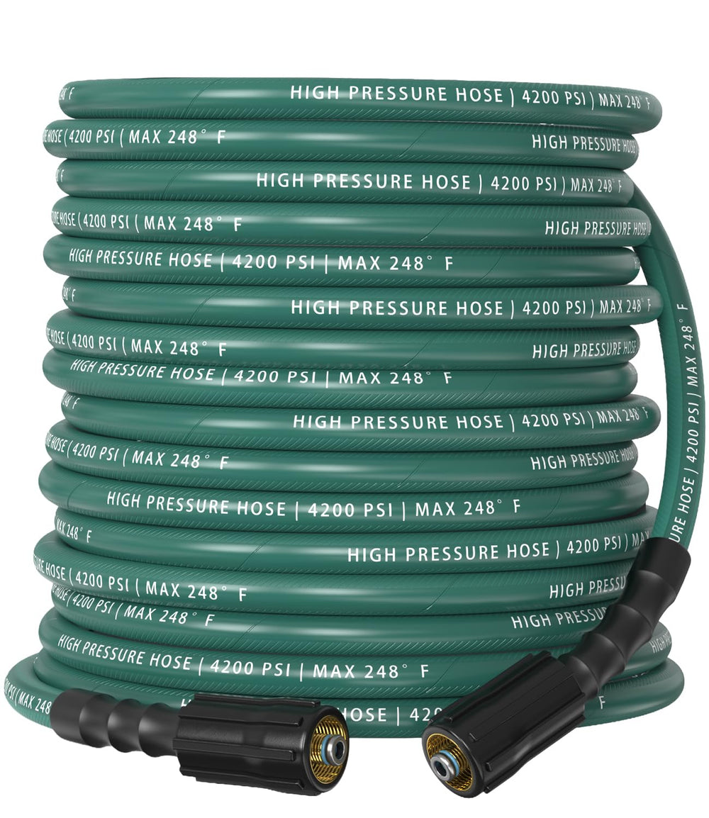 HiPrewaPro front view of green 50 ft pressure washer hose showing length and fittings for easy reach