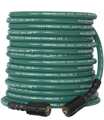 HiPrewaPro front view of green 50 ft pressure washer hose showing length and fittings for easy reach
