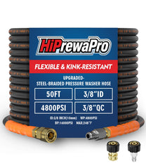 HiPrewaPro front view of 50ft hose showing durable construction and higher flow