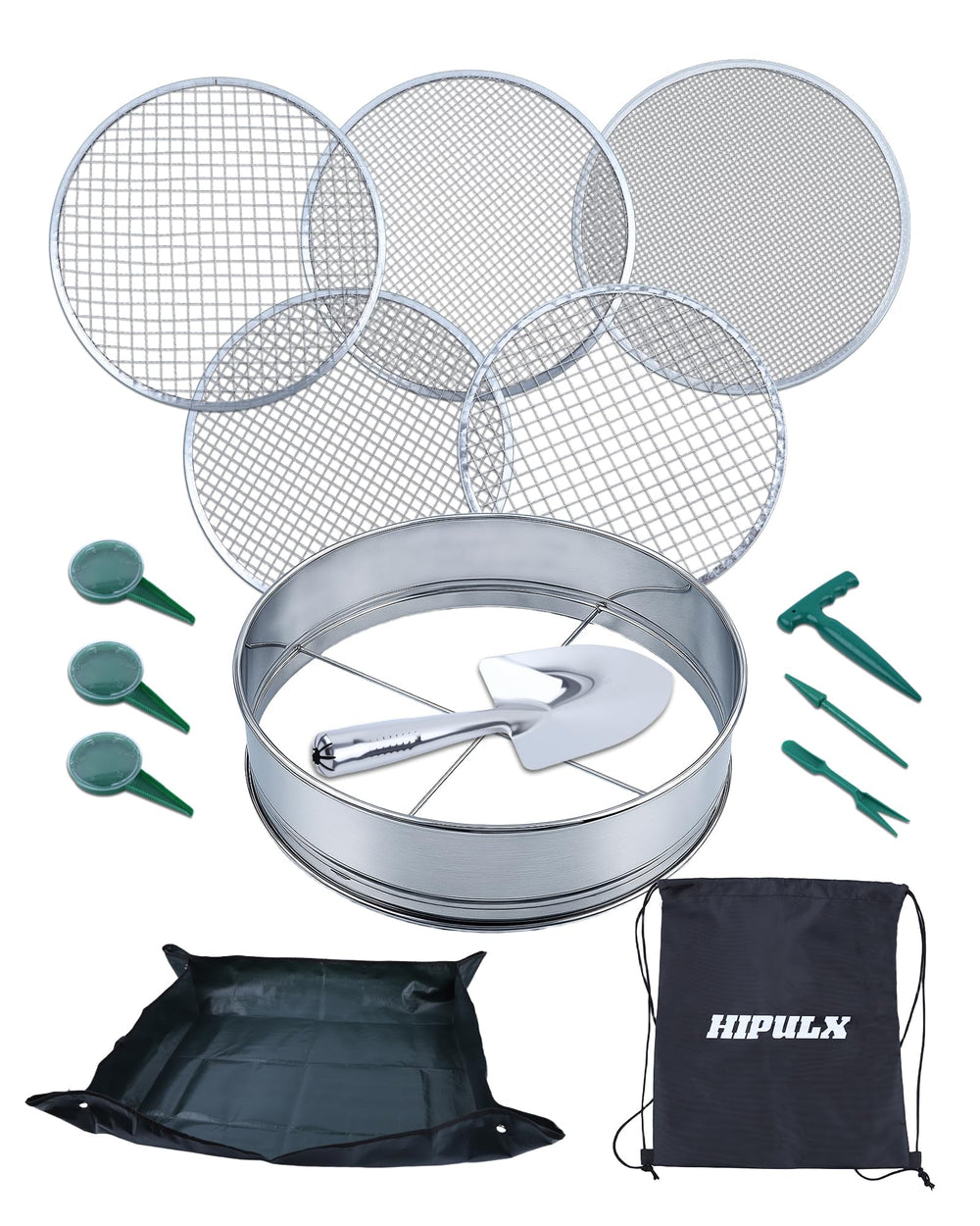 HIPULX front view sifter set showing frame, five screens and shovel for efficient sieving