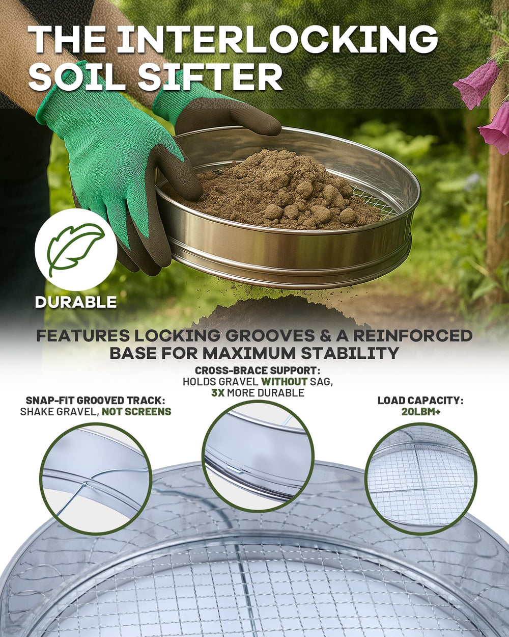 HIPULX shovel and sieve in use sifting compost to create smooth potting mix
