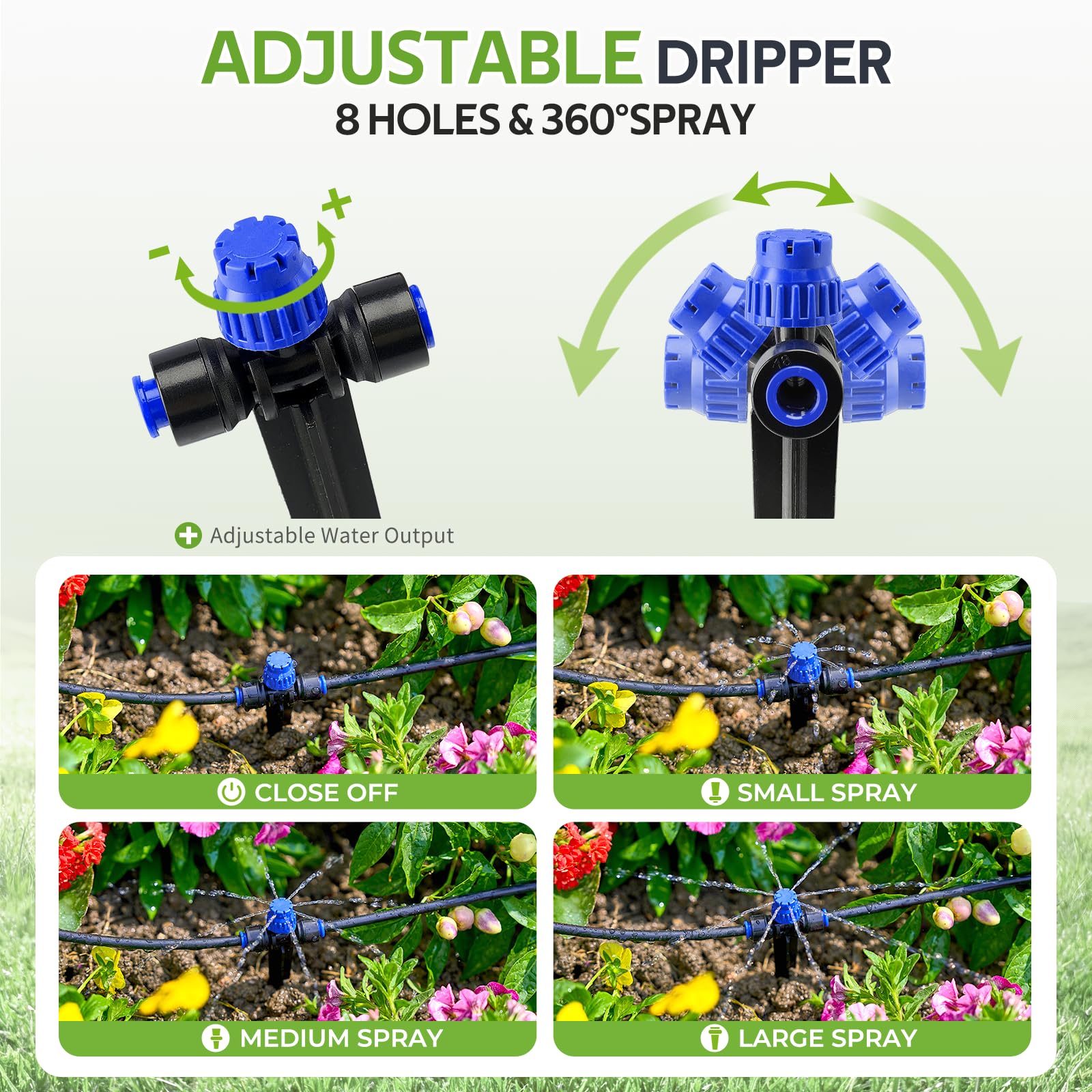 HIRALIY adjustable dripper detail illustrating flow control and easy cleaning benefit