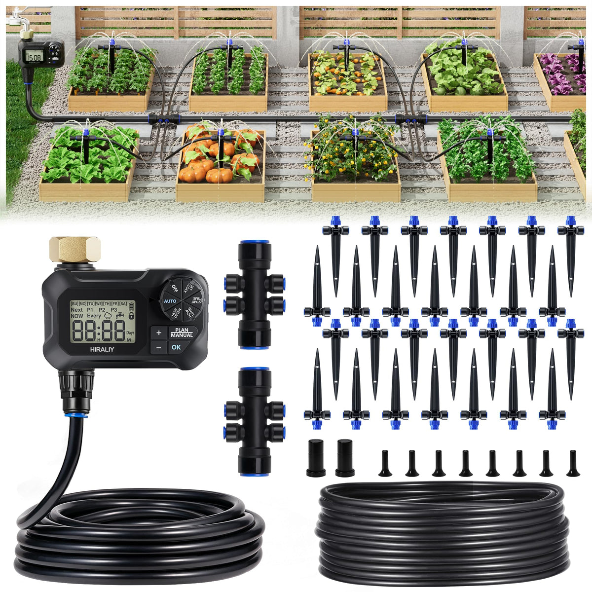HIRALIY front packaging showing complete 100FT kit and components for easy setup