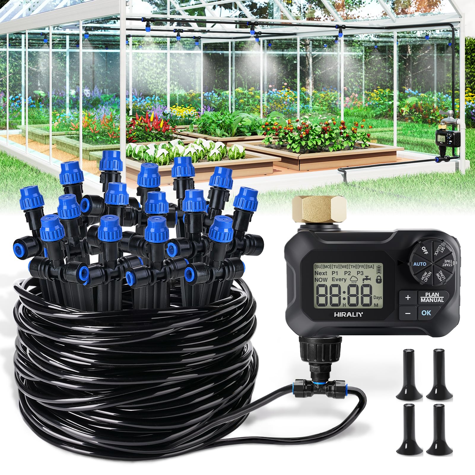 HIRALIY front packaging showing full drip irrigation kit benefits