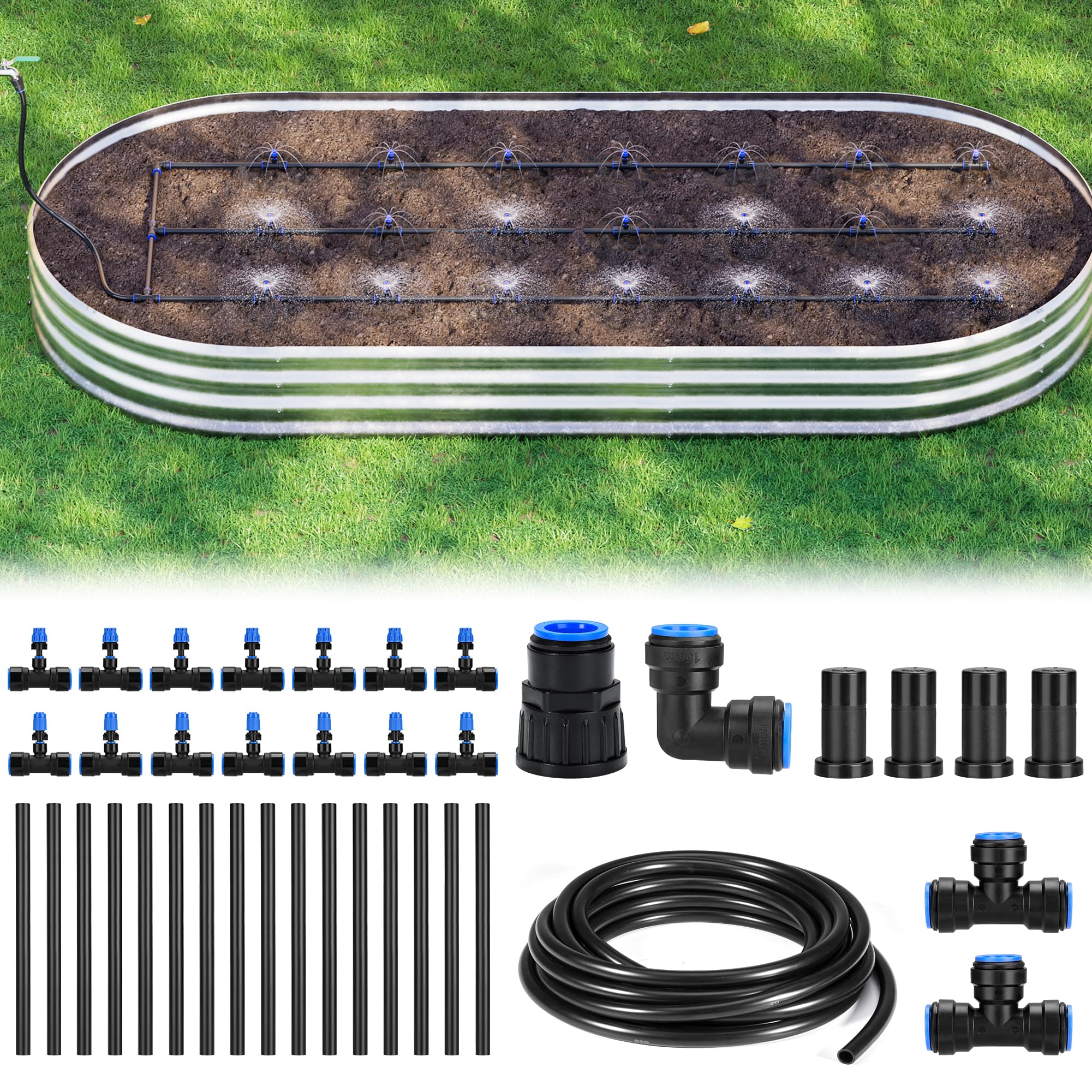 HIRALIY front packaging showing complete medium raised bed drip kit and easy-start benefit