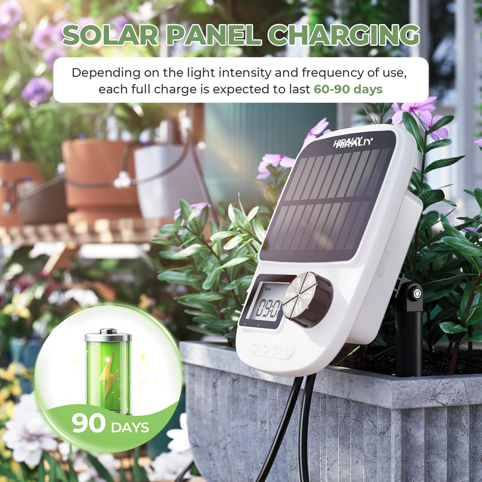 HIRALIY system installed on balcony rail providing automated plant care