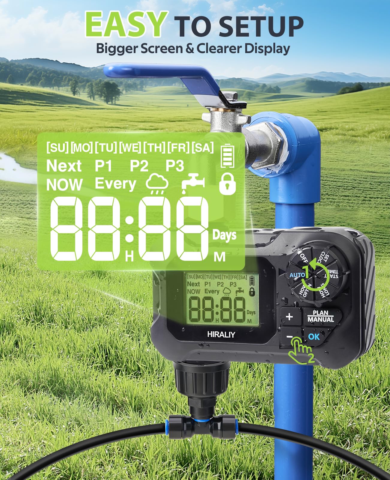 HIRALIY programmable water timer closeup for scheduled watering