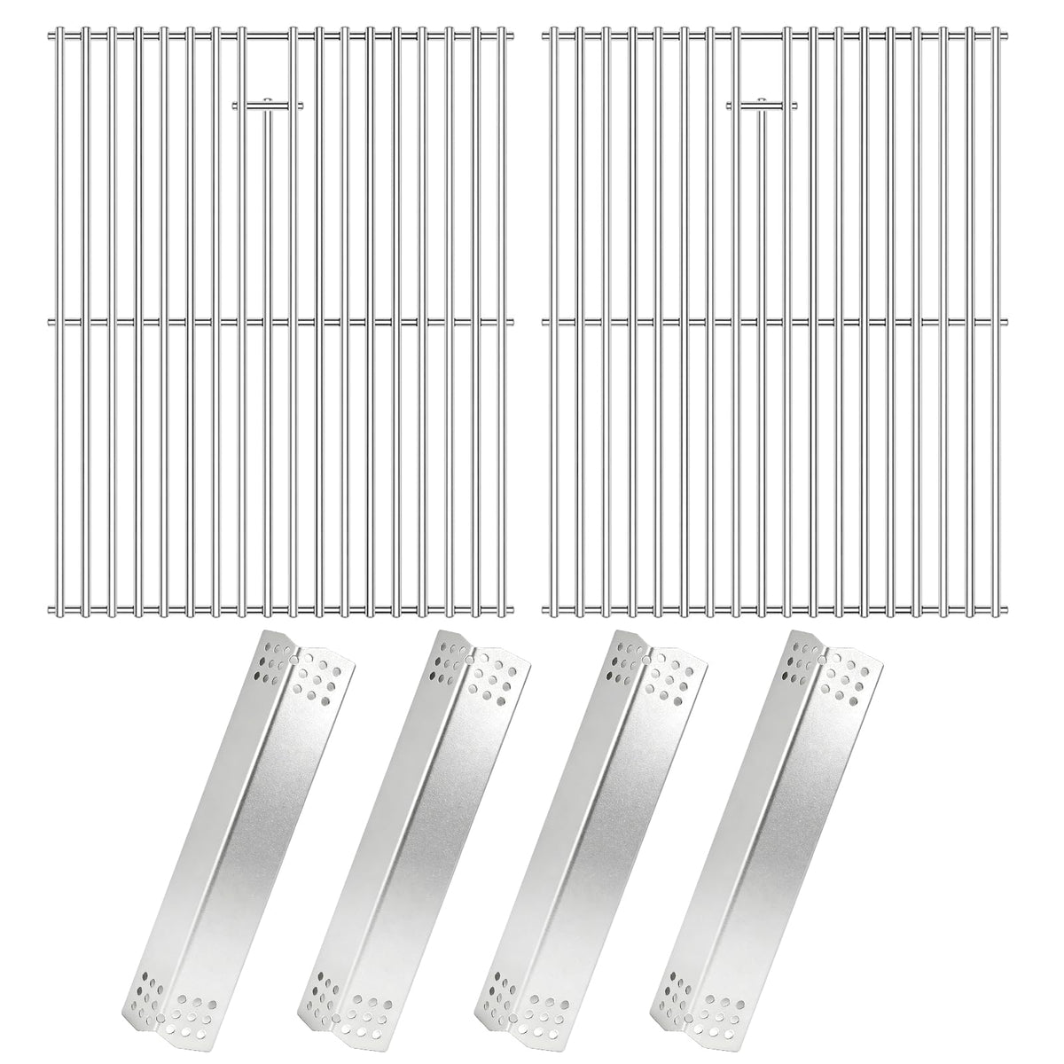 Hisencn front view of replacement parts showing complete grate and heat plate set, restores grill performance