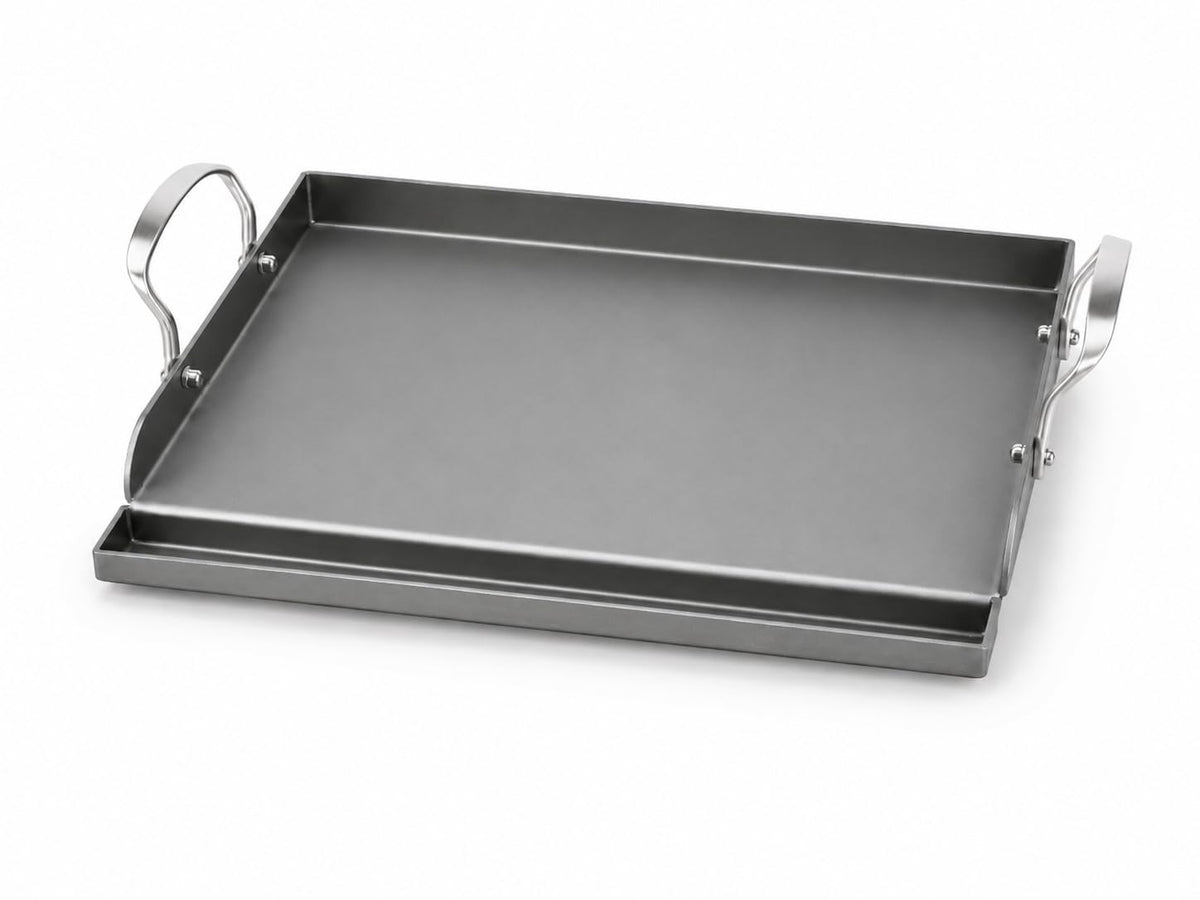 Hisencn front view of 17x13 griddle showing durable carbon steel and fit