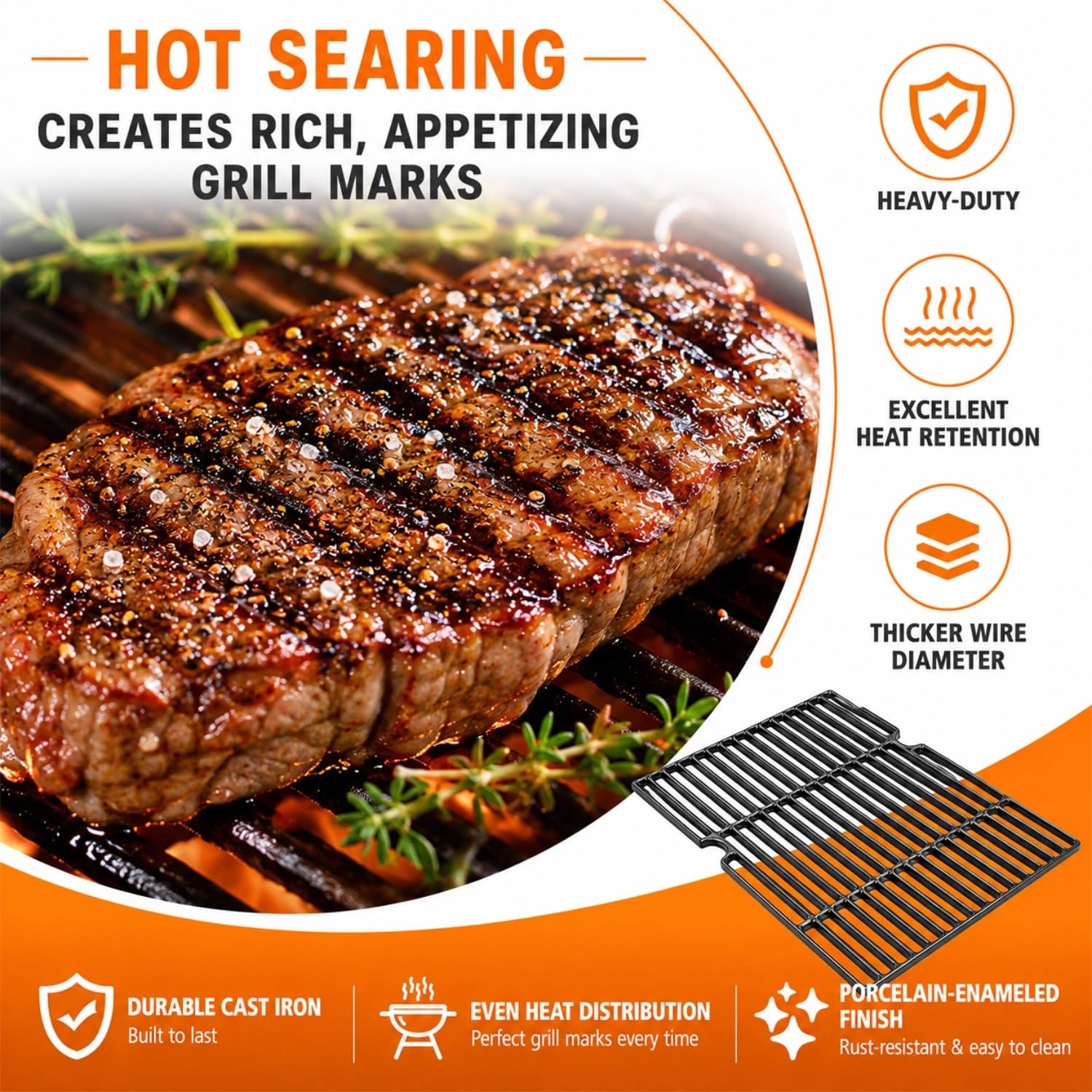 Hisencn grate installed in Char-Broil grill searing steak for even heat distribution