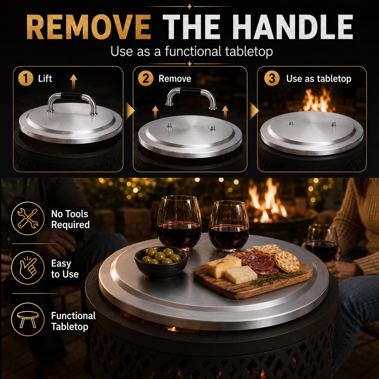 Hisencn lid installed on Solo Stove Bonfire 2.0 protecting embers