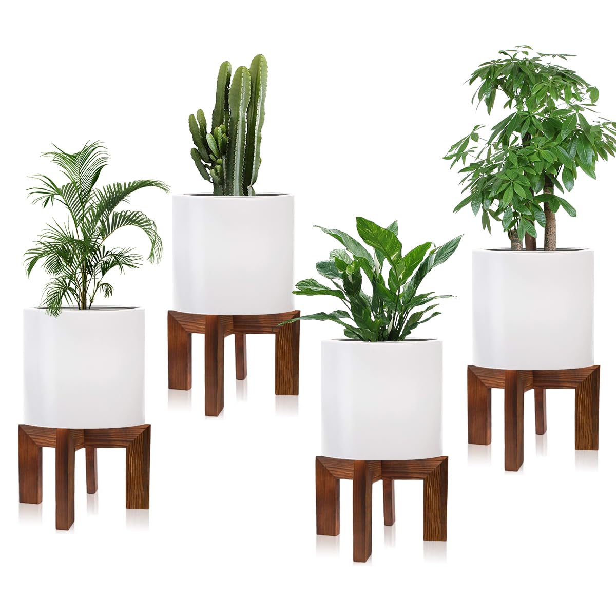 hismocal front view of four wooden stands showing neat storage and uniform display benefit