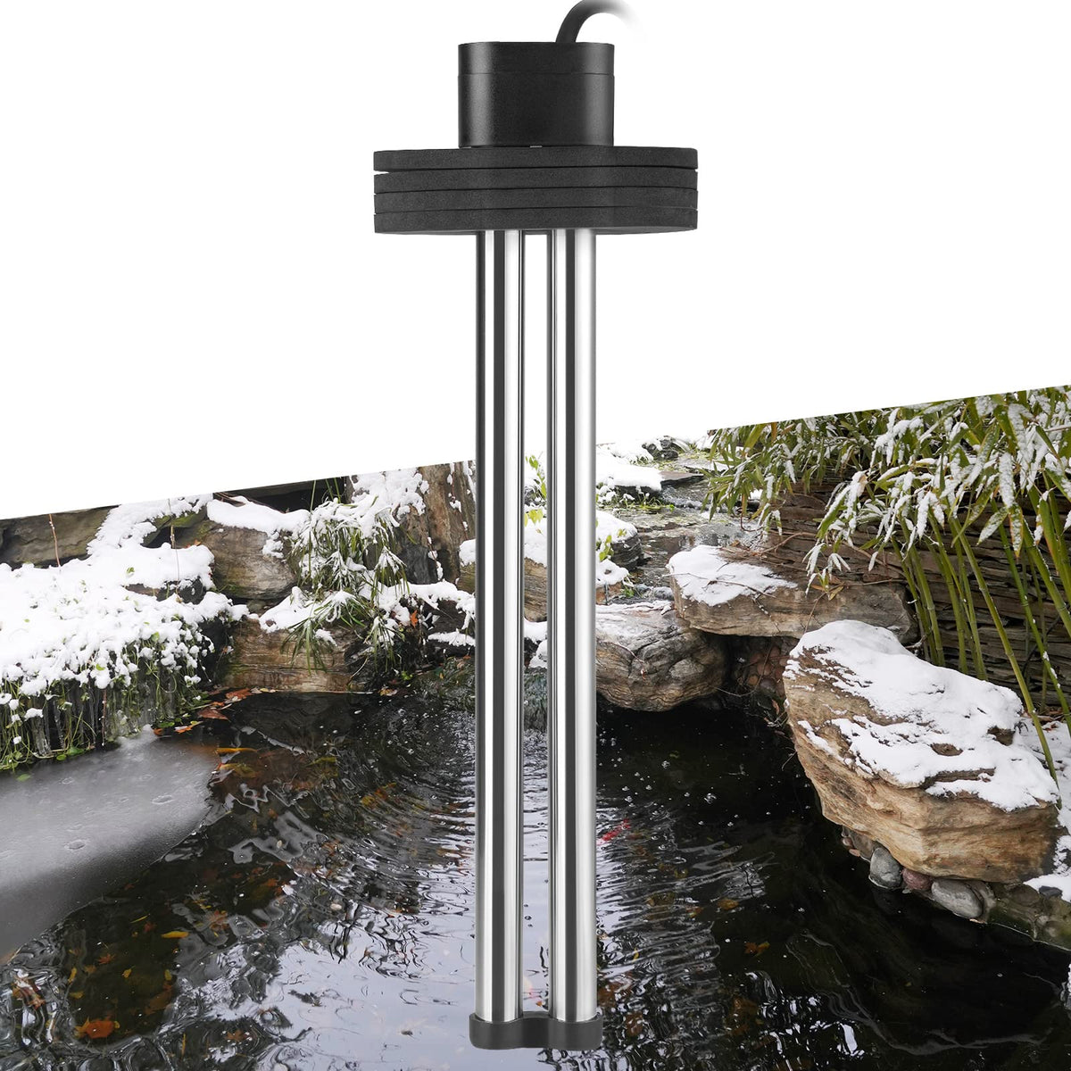 HITOP front view of pond heater showing compact floating design and benefits