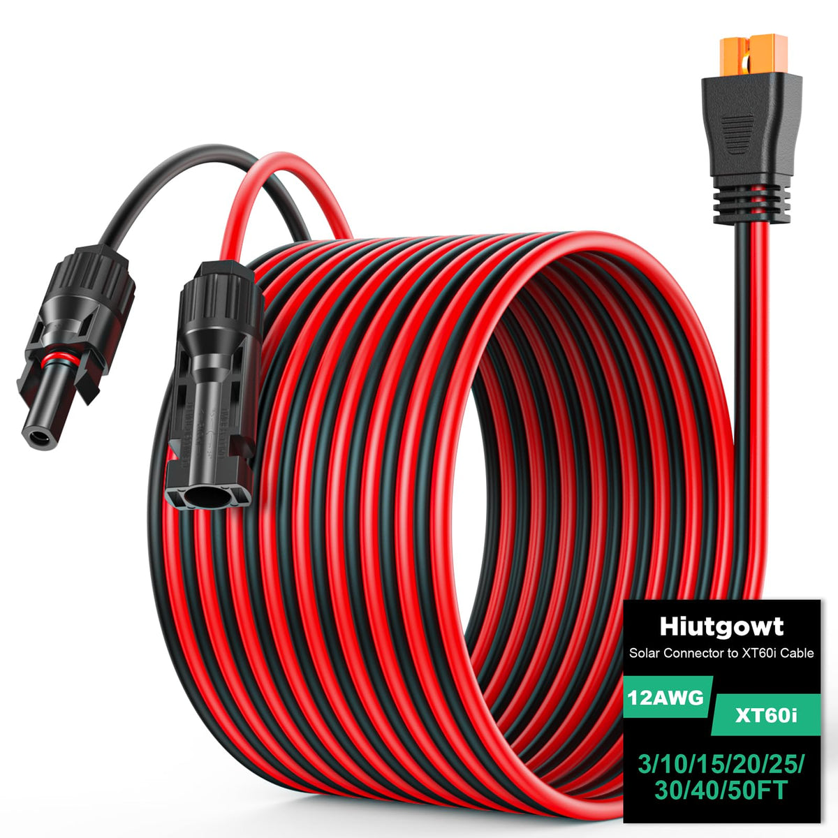 Hiutgowt vista frontal del empaque mostrando cable XT60i y longitudes disponibles, facilita elección