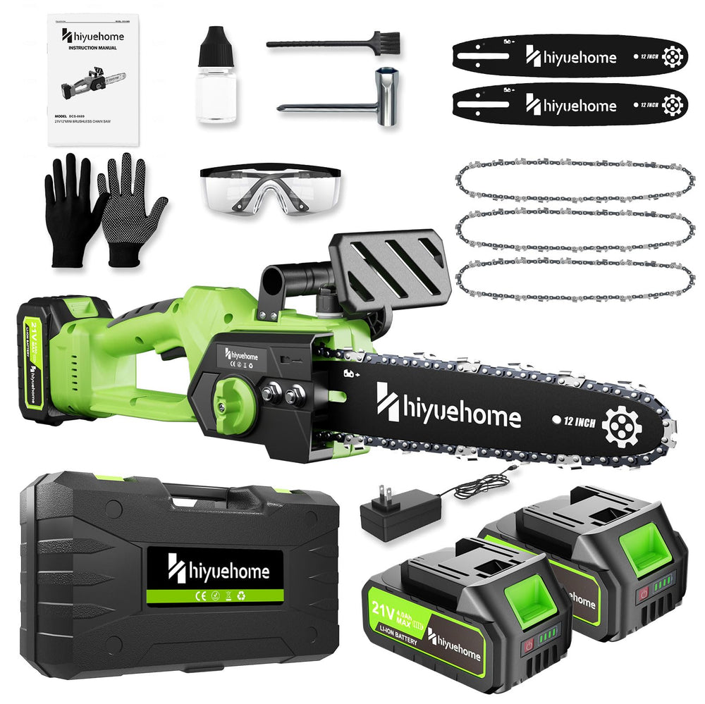 hiyuehome 12 inch chainsaw front view shows compact lightweight design benefit