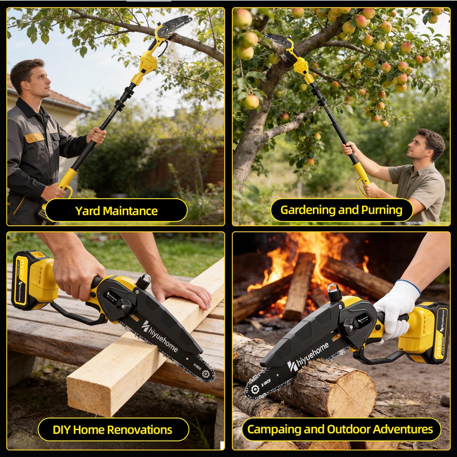 hiyuehome user pruning a backyard tree showing safer ground-based cutting