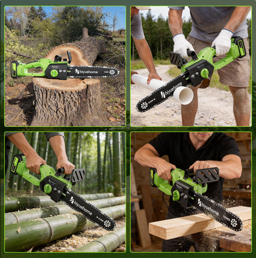 hiyuehome chainsaw next to ruler showing size comparison and portability benefit