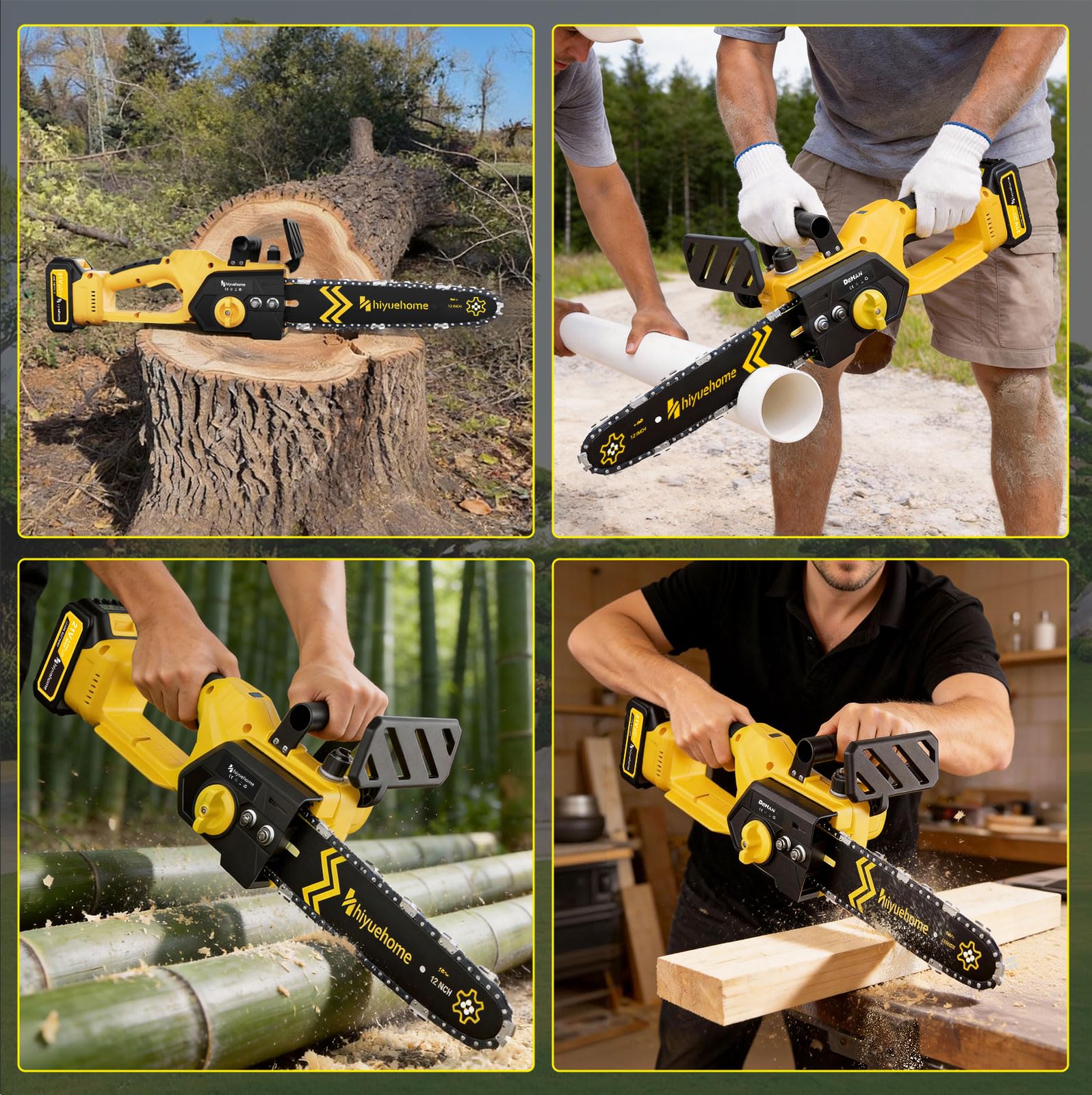 hiyuehome chainsaw beside a boot showing size comparison for maneuverability