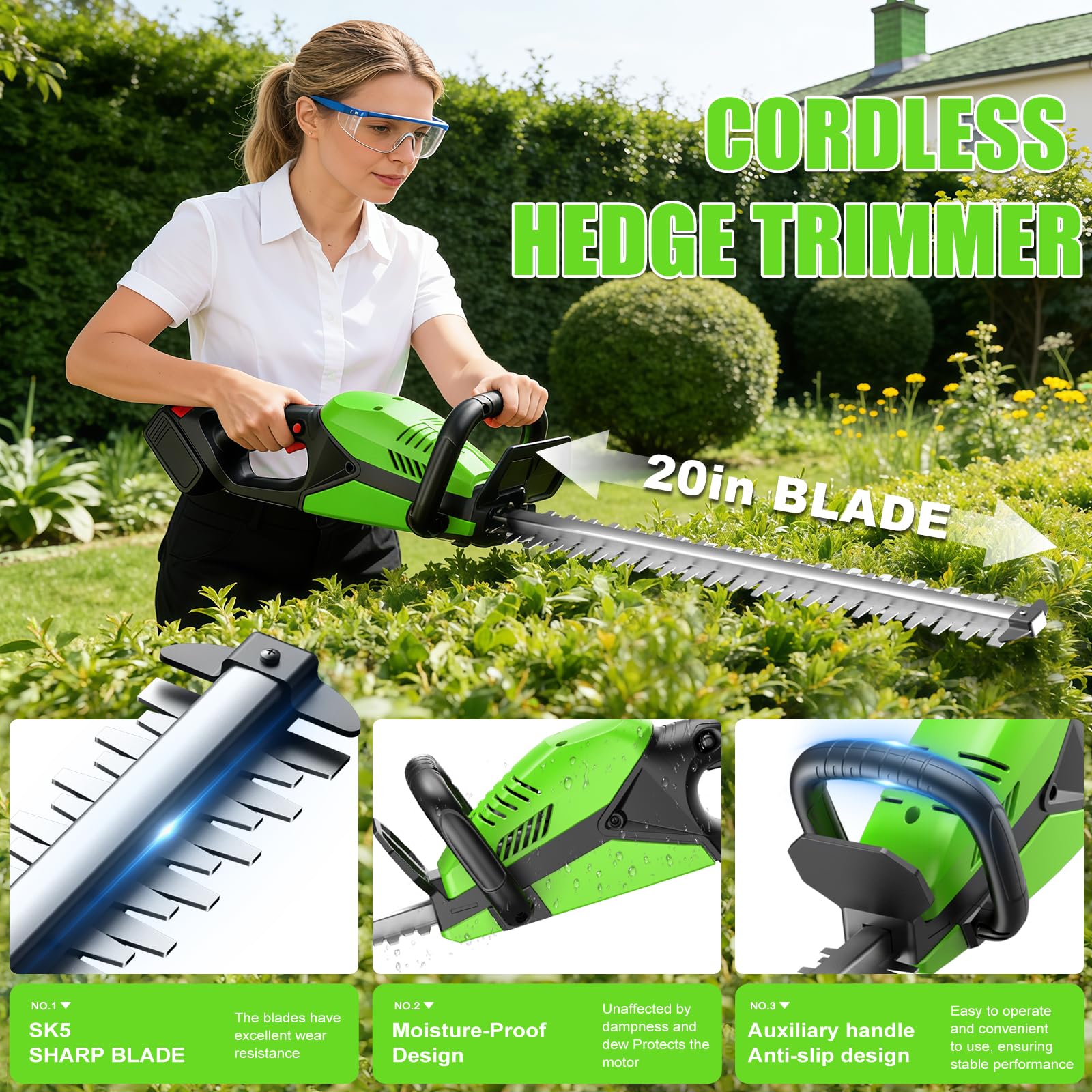 HJLYZYA close-up of 20-inch steel dual-action blade highlighting clean cutting benefit
