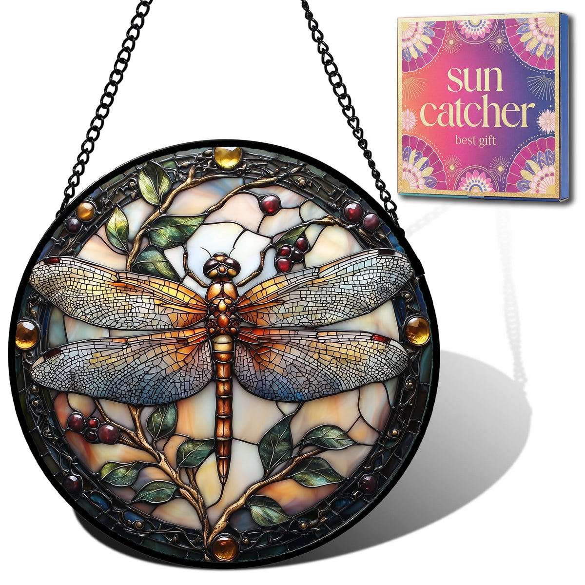 HKDGOKA dragonfly suncatcher front view showing vibrant faux stained-glass design and cheerful decor benefit