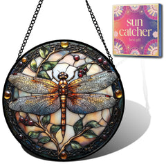 HKDGOKA dragonfly suncatcher front view showing vibrant faux stained-glass design and cheerful decor benefit