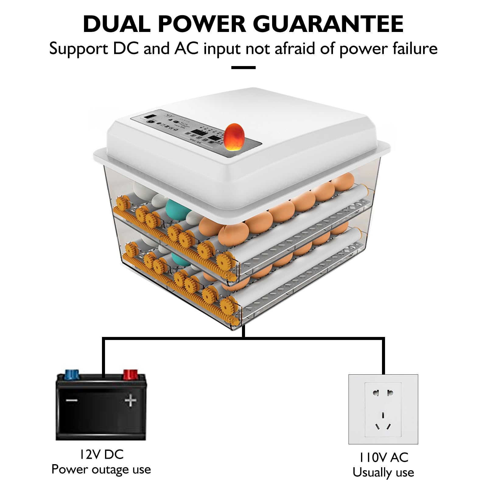 HKDQ incubator size scale comparison showing large 182-egg capacity benefit