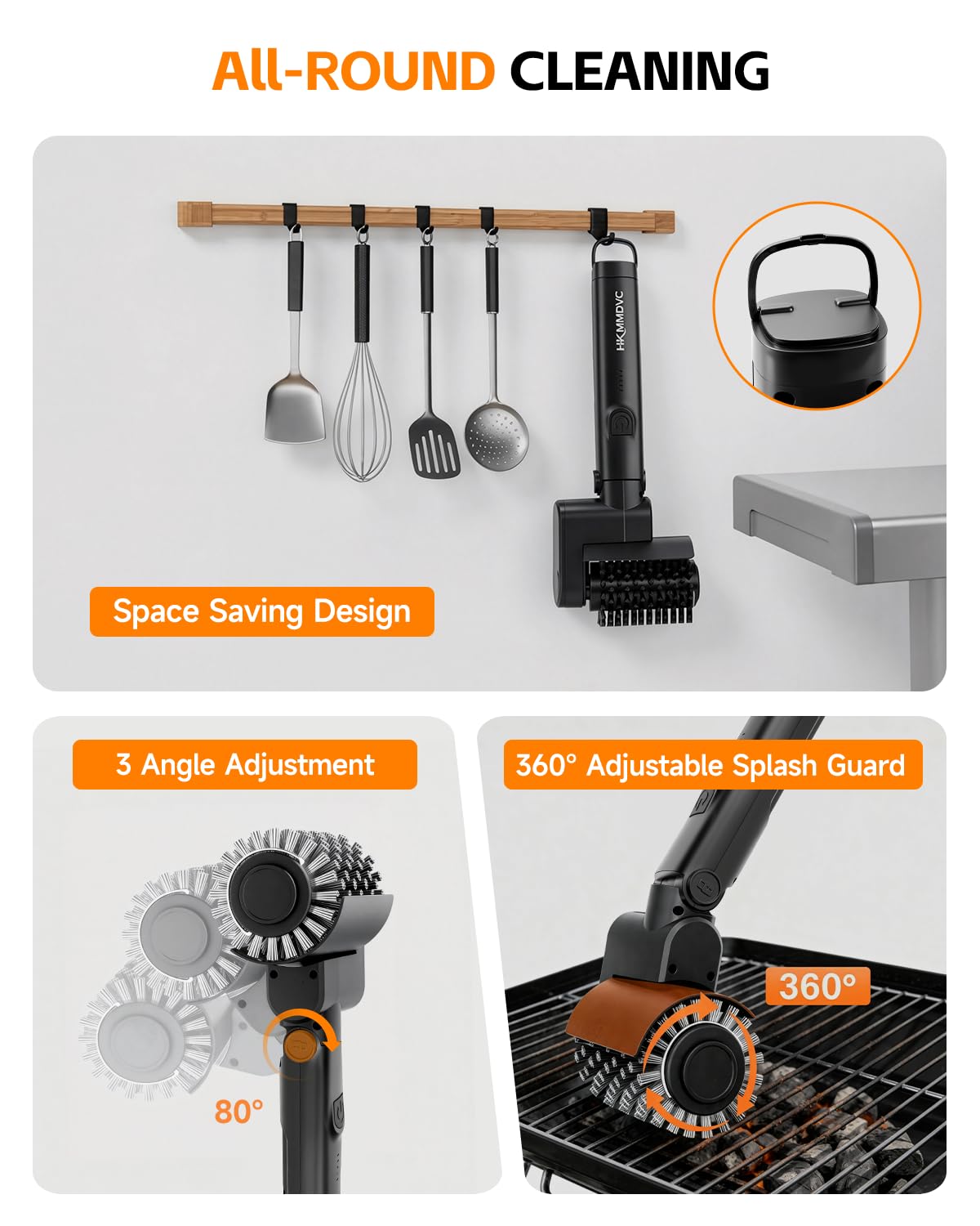 Hkmmdvc adjustable-angle head reaching deep grill gaps for thorough cleaning
