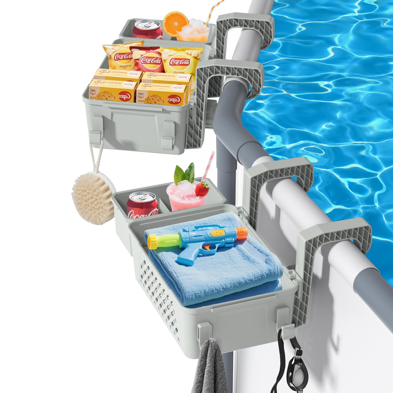 HKQ basket front hung on pool wall showing organized storage benefit