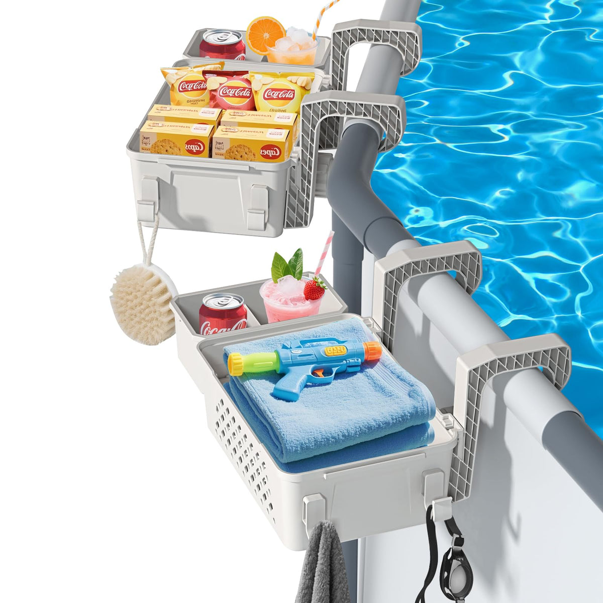 HKQ front view of two packaged poolside storage baskets, organized convenience