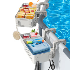 HKQ front view of two packaged poolside storage baskets, organized convenience