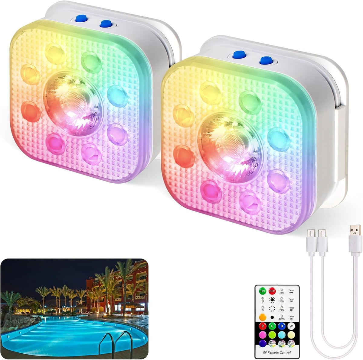 HL front view of two-pack pool lights showing bright RGB colors and convenience