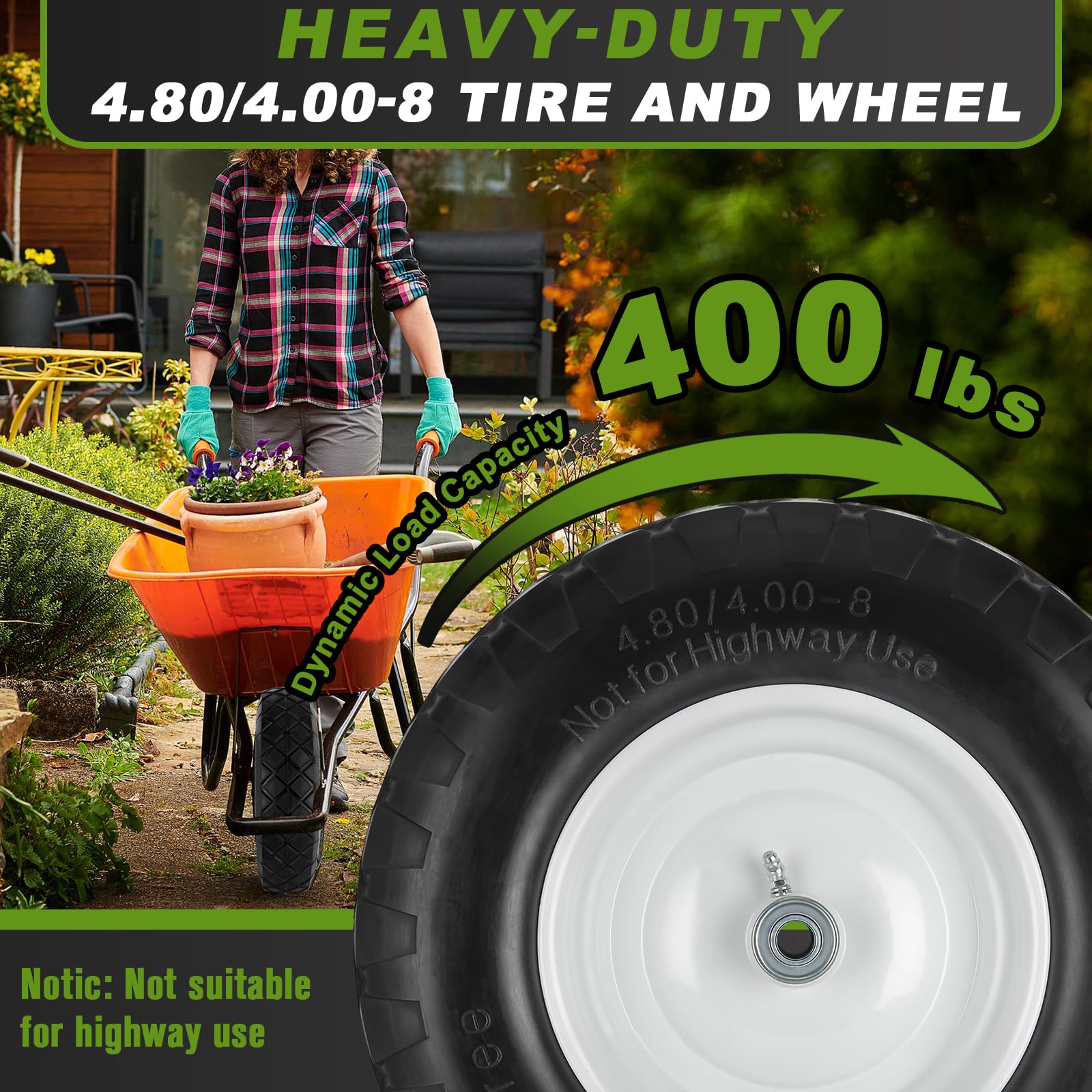 HLHgirl wheel mounted on wheelbarrow in garden for reliable hauling