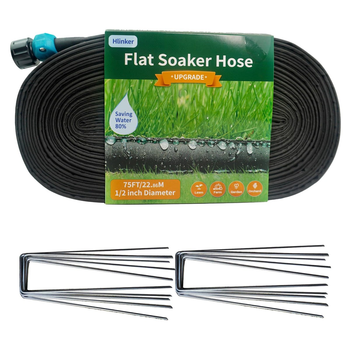 Hlinker front view of 75 ft flat soaker hose showing compact packaging and length benefit