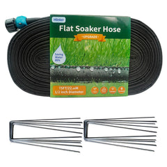 Hlinker front view of 75 ft flat soaker hose showing compact packaging and length benefit
