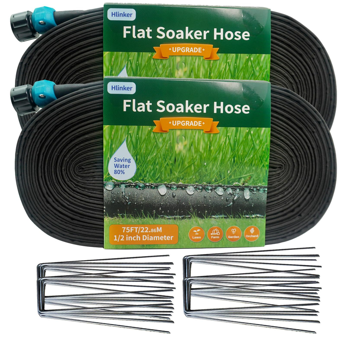 Hlinker front packaging showing two 75ft rolls and included stakes, durable and ready