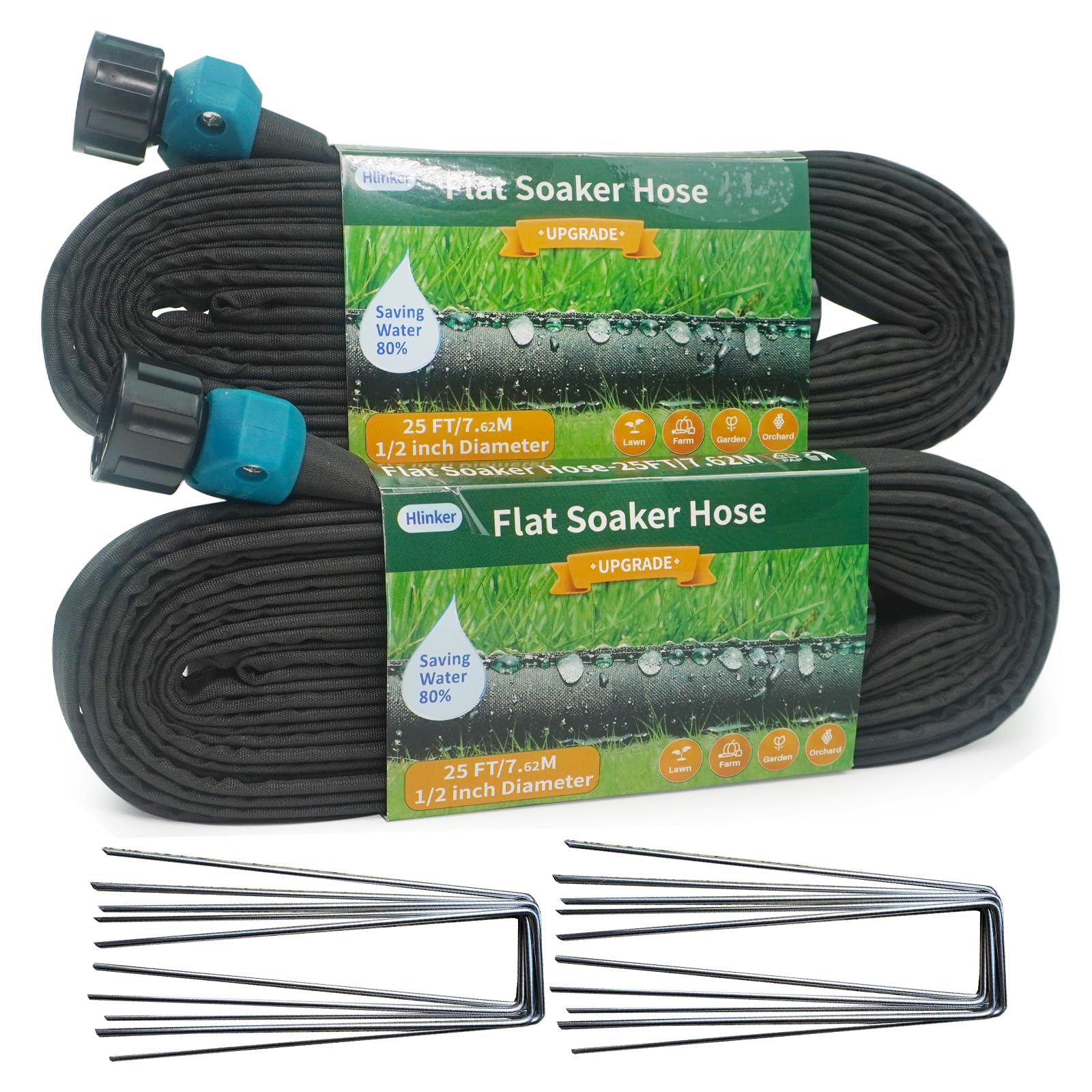 Hlinker front packaging showing two 25 ft soaker hose rolls and included stakes for quick setup