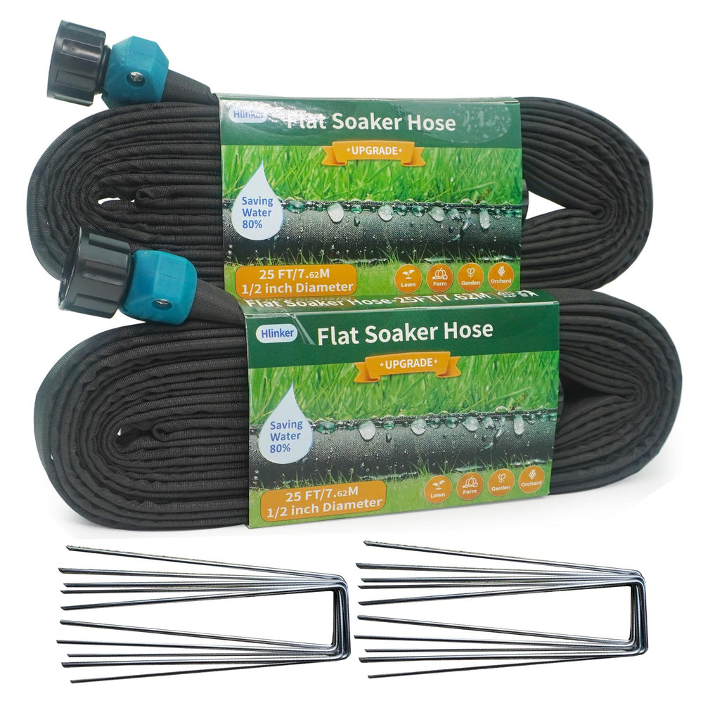 Hlinker front packaging showing two 25 ft soaker hose rolls and included stakes for quick setup