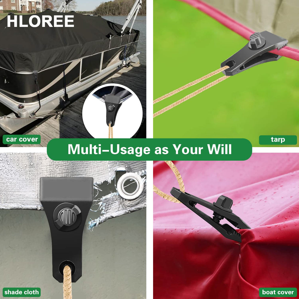 HLOGREE tarp clips securing a boat cover illustrating outdoor and marine use
