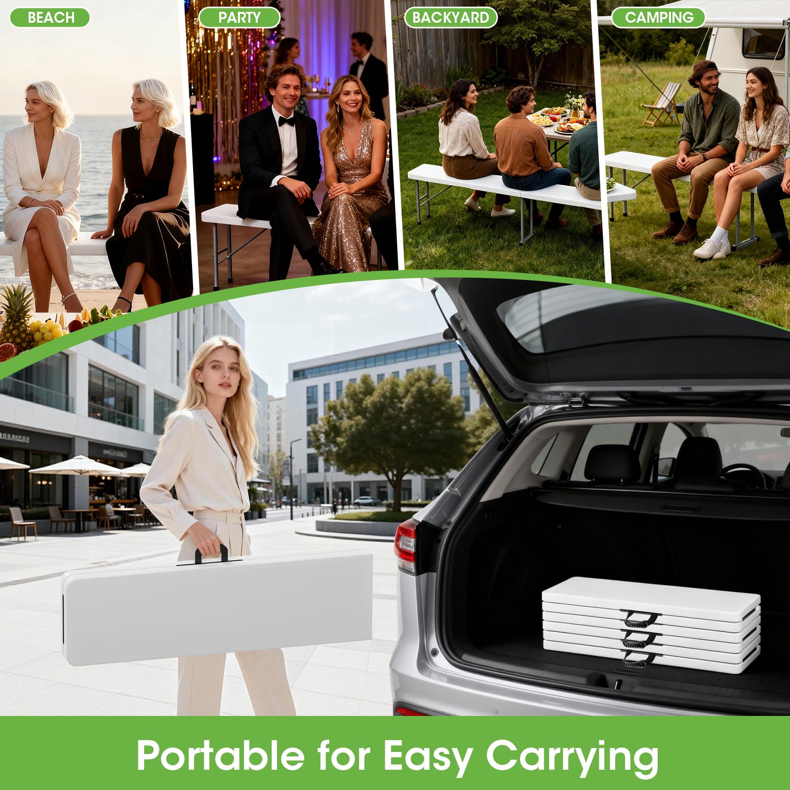 HLPB folded bench inside car trunk showing trunk-friendly transportability