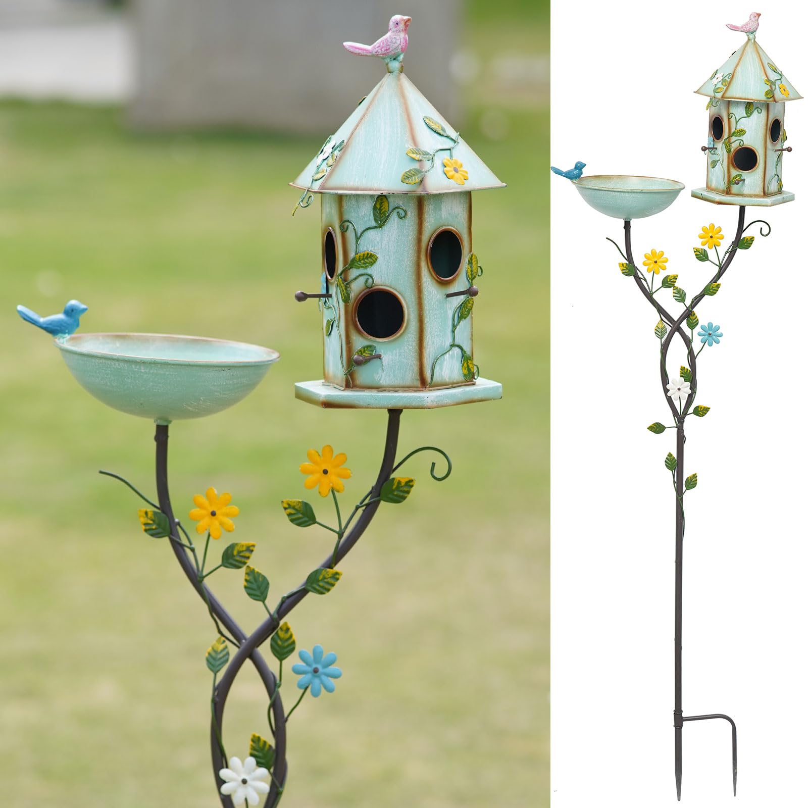 HLQMFHT front view of pole-mounted bird bath and house showcasing garden appeal