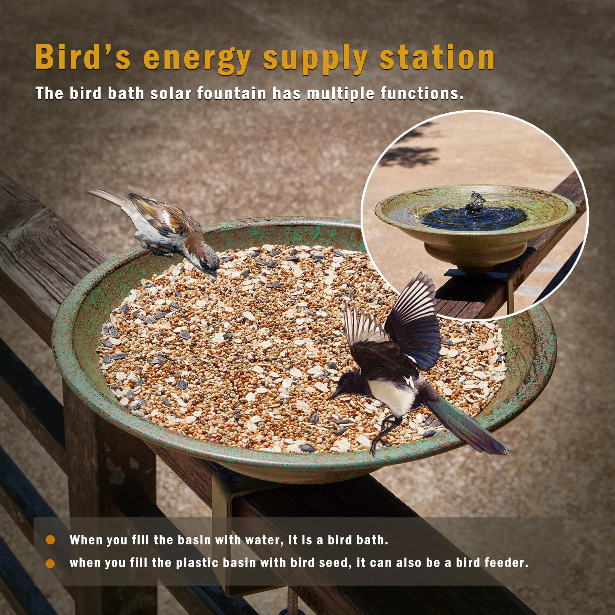 HLQMFHT bird using the bath on a deck showing active wildlife attraction benefit: encourages bird visits