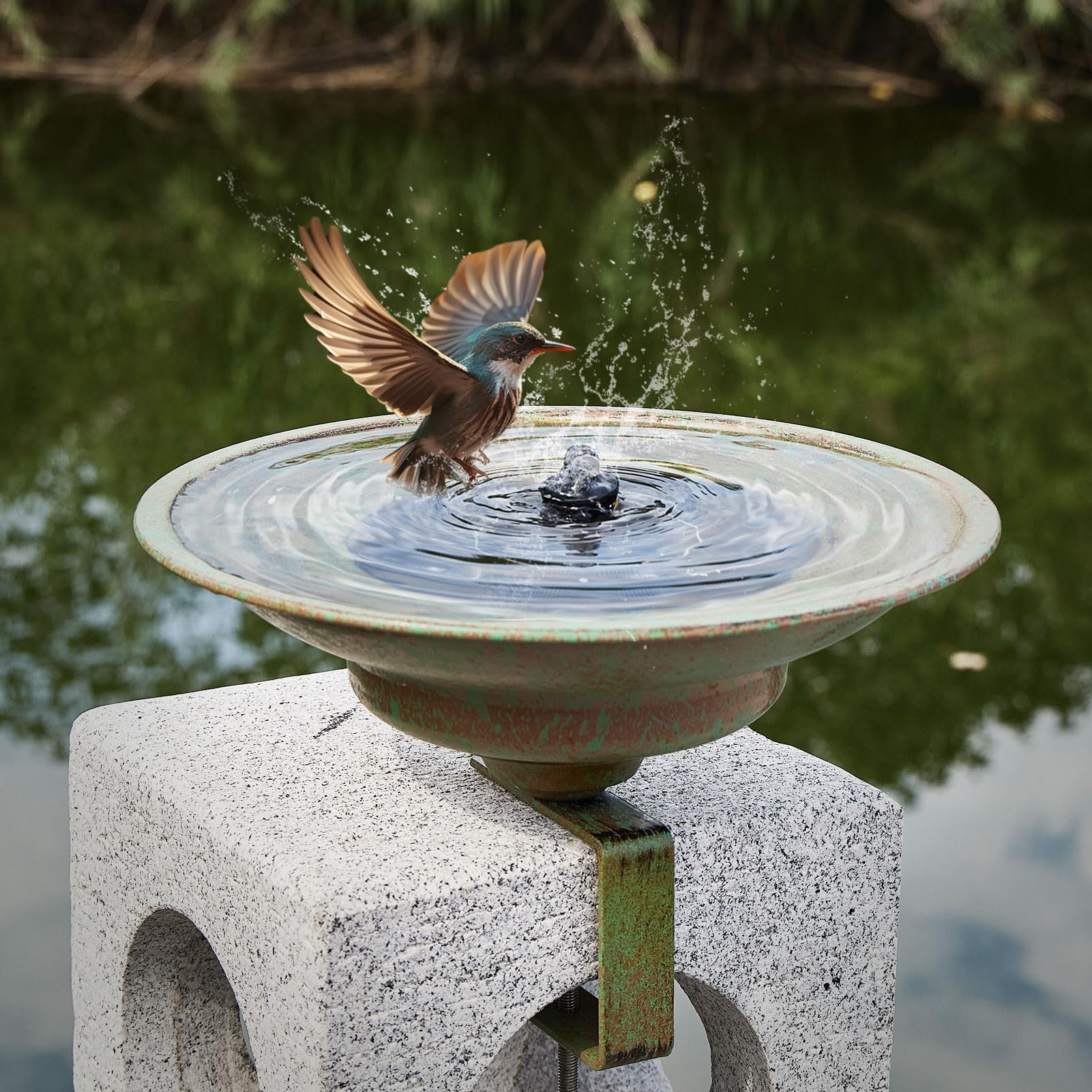 HLQMFHT front view of deck bird bath showing elegant basin and mounting bracket benefit: attracts birds