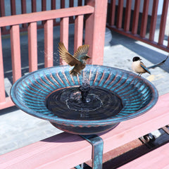 HLQMFHT front view of deck-mounted bird bath showing basin and fountain for attracting birds