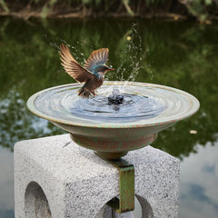 HLQMFHT front view of deck bird bath showing elegant basin and mounting bracket benefit: attracts birds